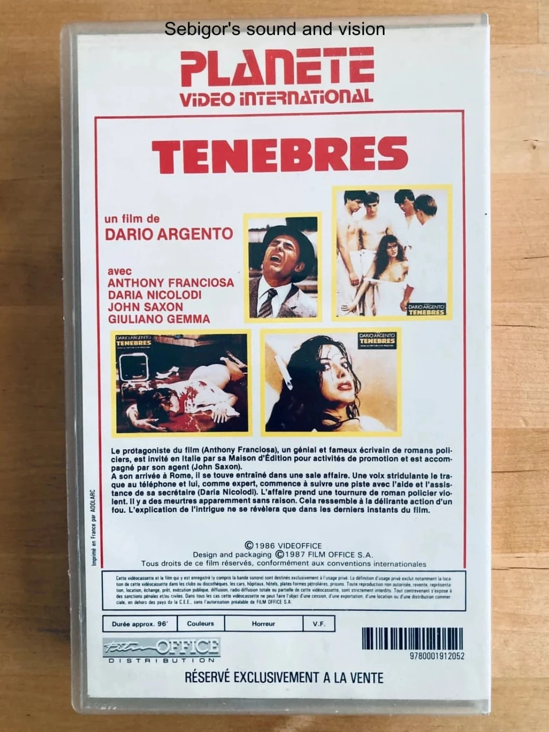 Cassette VHS Ténèbres de Dario Argento. – photo 3